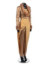Sarli Evening ensemble, with fur trimmed crop jacket, pants, and yellow dress.