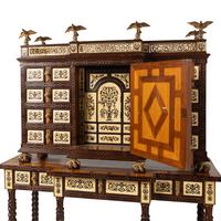 A Pair of Spanish Renaissance Style Gilt Bronze Mounted Marquetry Collector's Cabinets on Stands