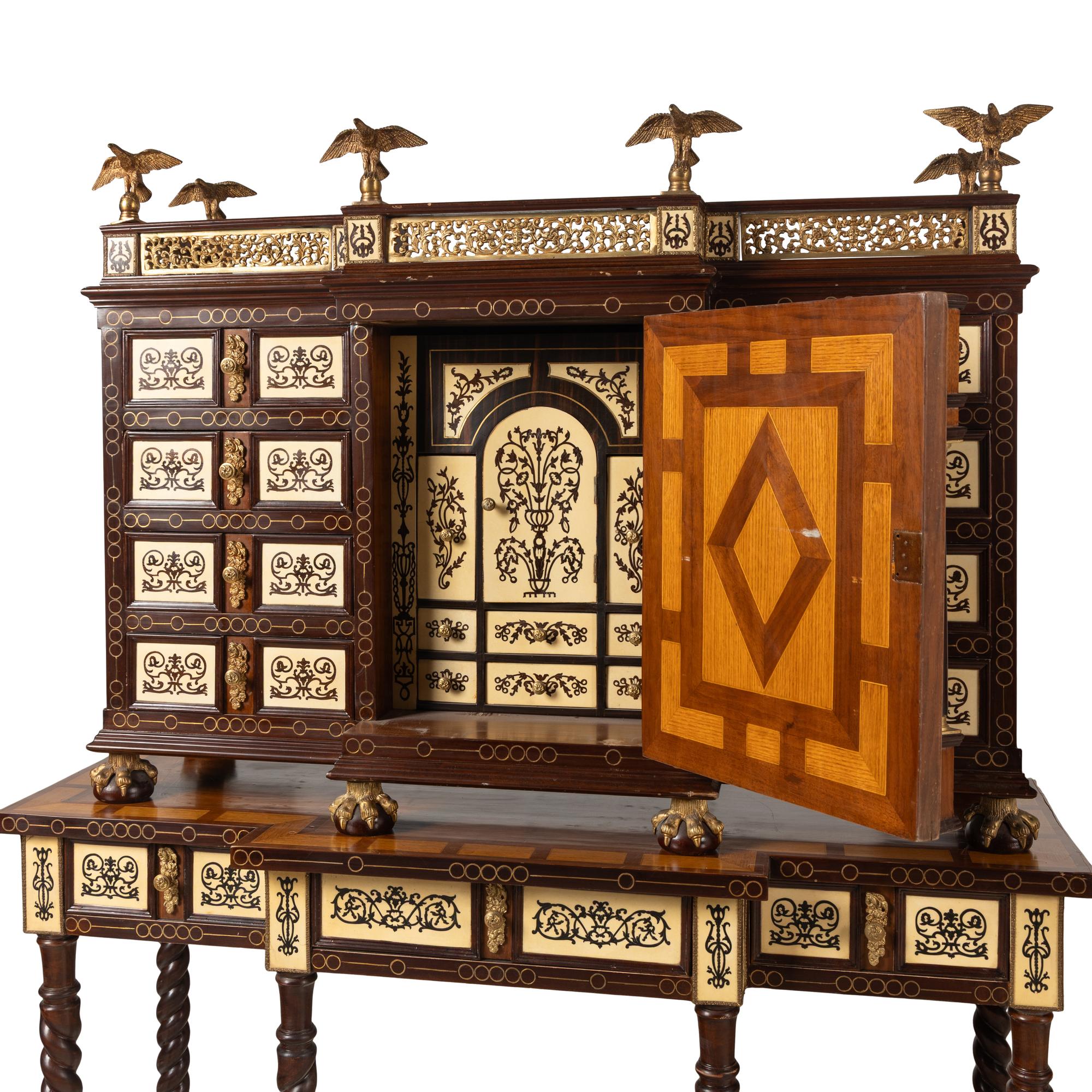 A Pair of Spanish Renaissance Style Gilt Bronze Mounted Marquetry Collector's Cabinets on Stands