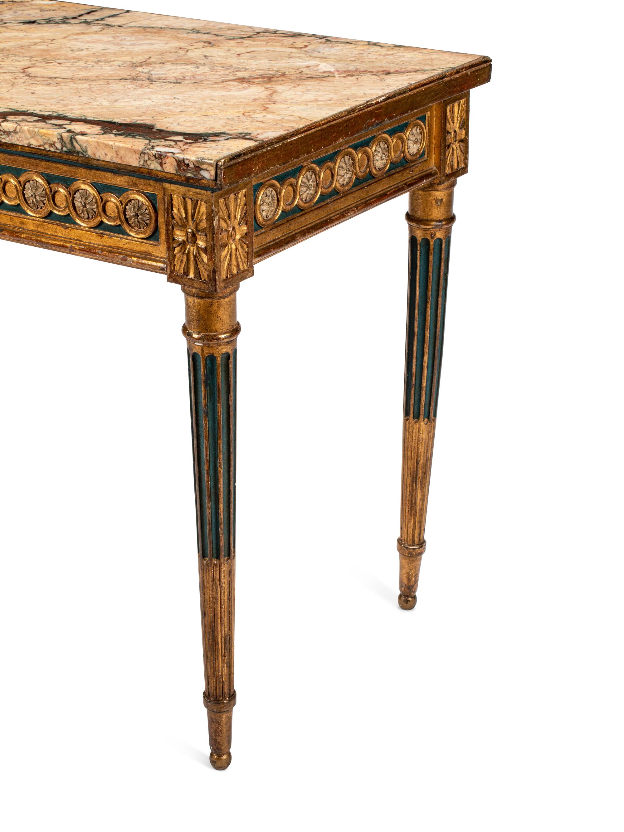 A Louis XVI Style Painted and Parcel Gilt Marble-Top Table