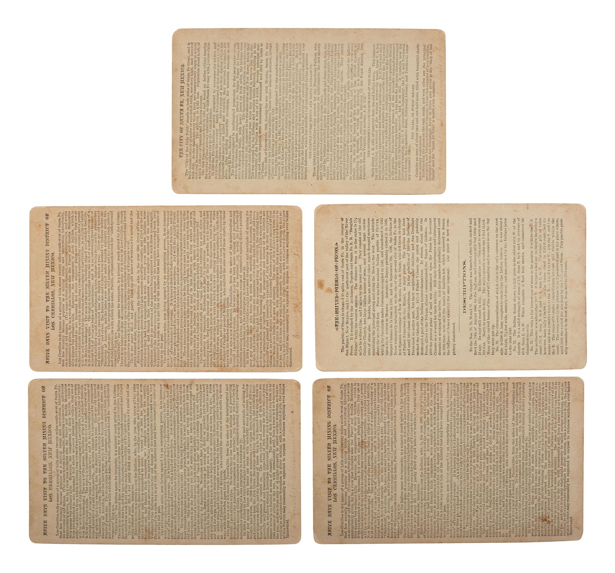 [WESTERN AMERICANA]. BROWN, W. Henry (1844-1886). Group of 5 stereoviews. Santa Fe, New Mexico: Bennett & Brown, ca 1870s-1880s.