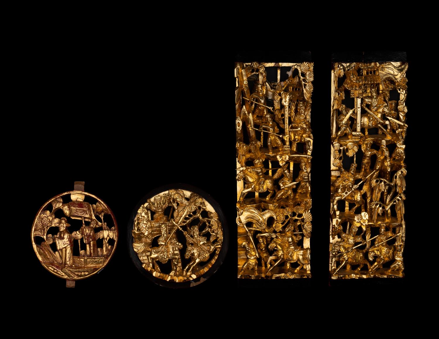 Four Chinese Gilt and Red Lacquered Wood Panels