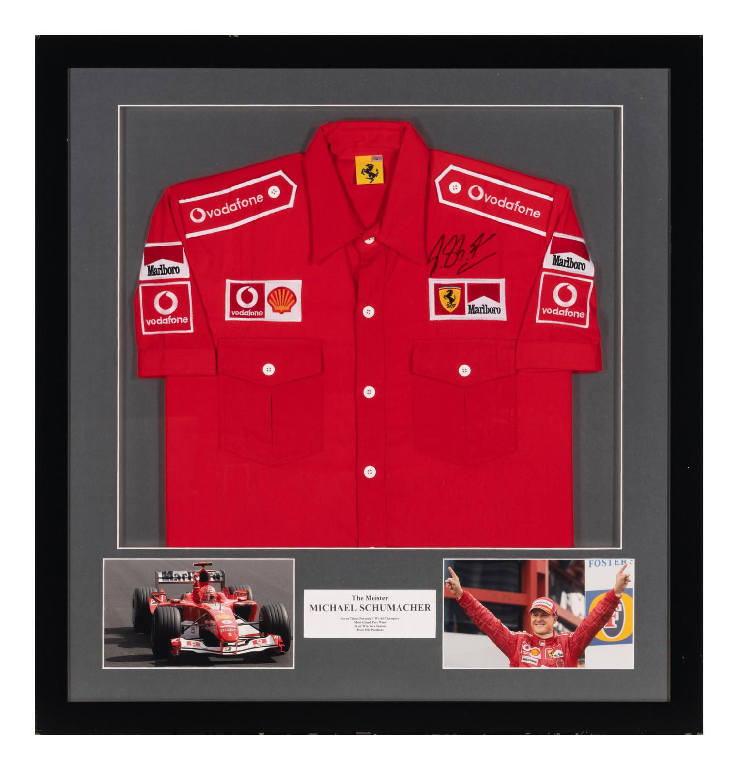 A Michael Schumacher Signed Autograph Ferrari Crew Shirt Display