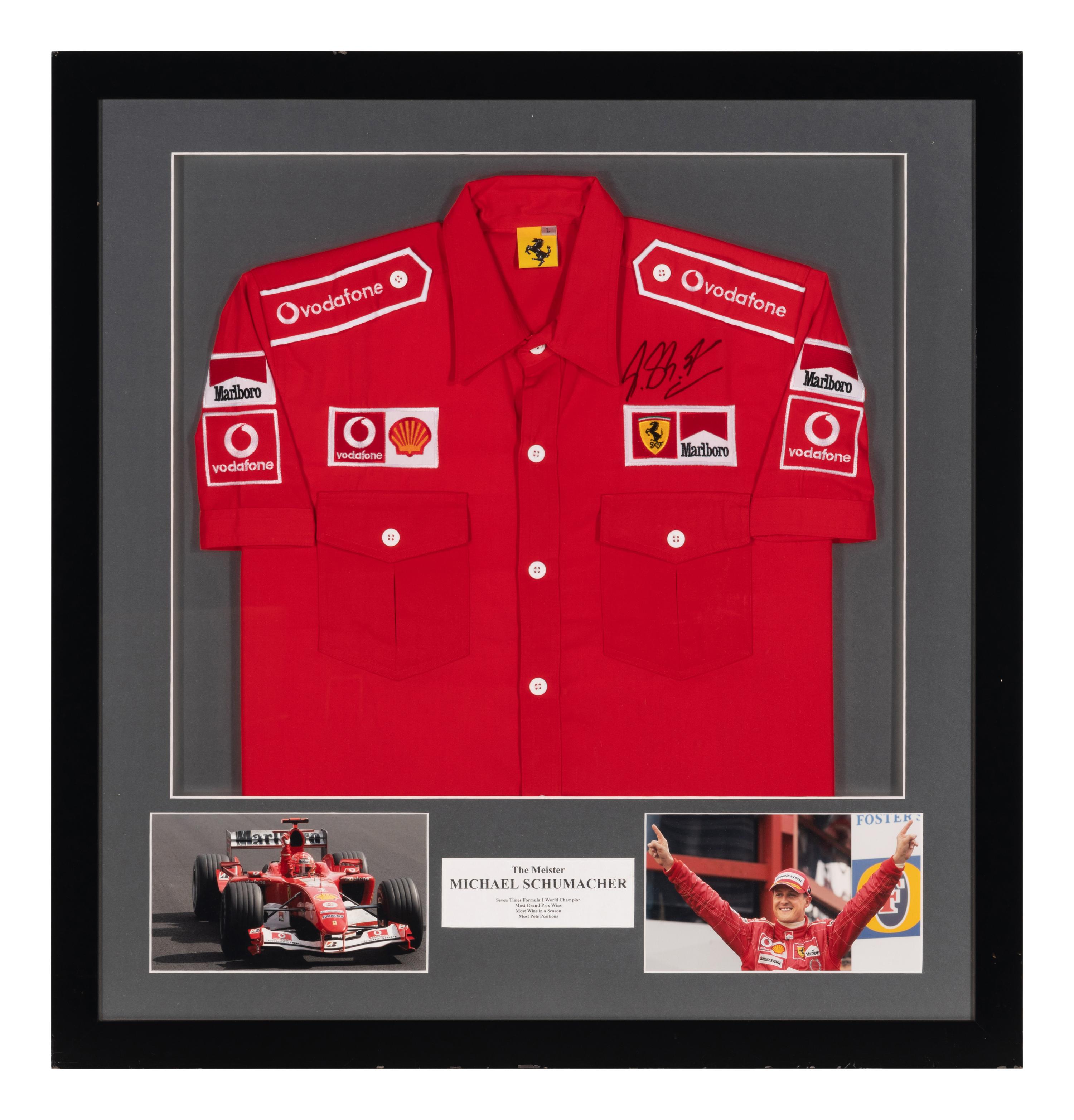 A Michael Schumacher Signed Autograph Ferrari Crew Shirt Display