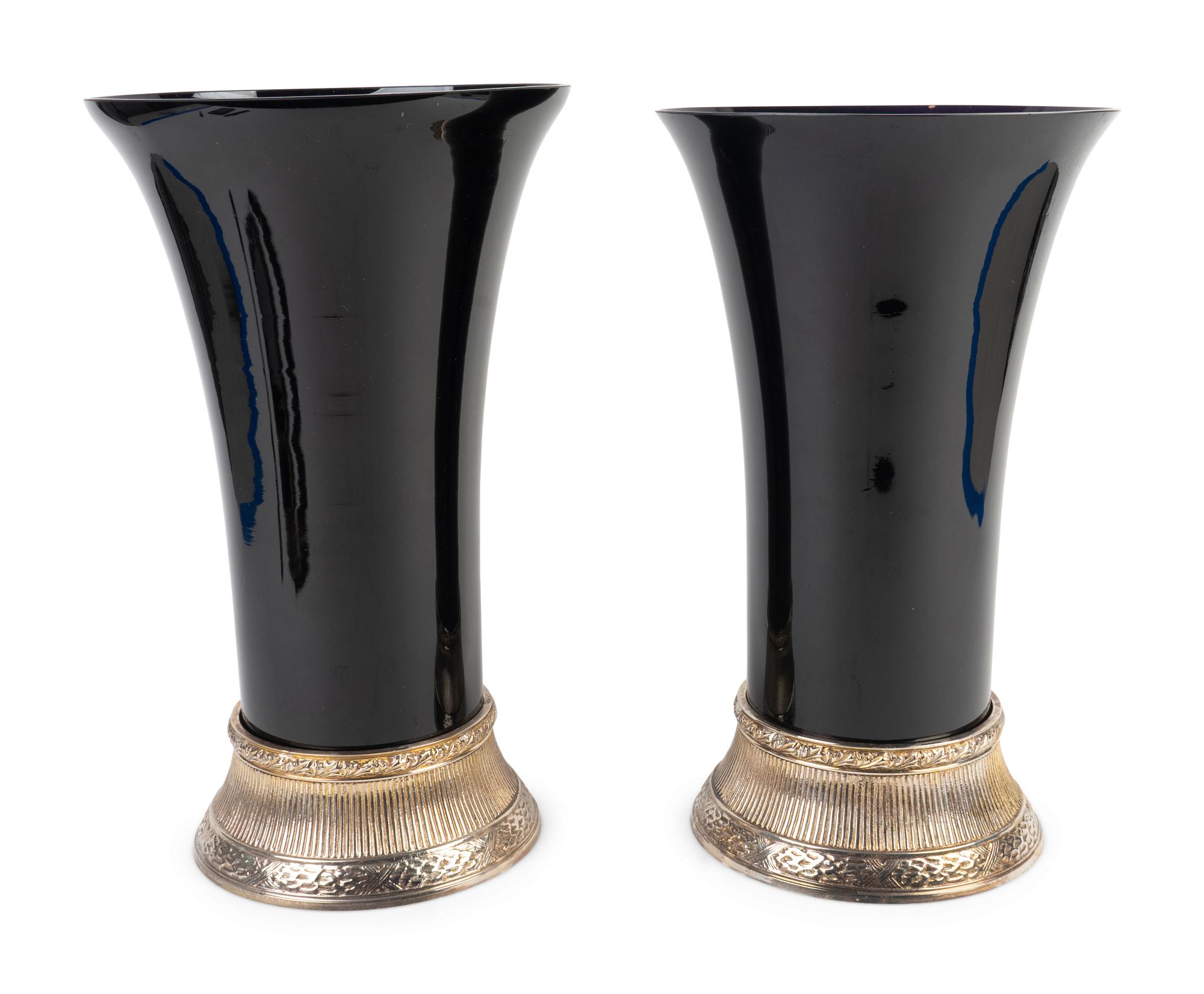 A Pair of Art Deco Style Black Glass Vases on Silvered Metal Bases — 20TH CENTURY