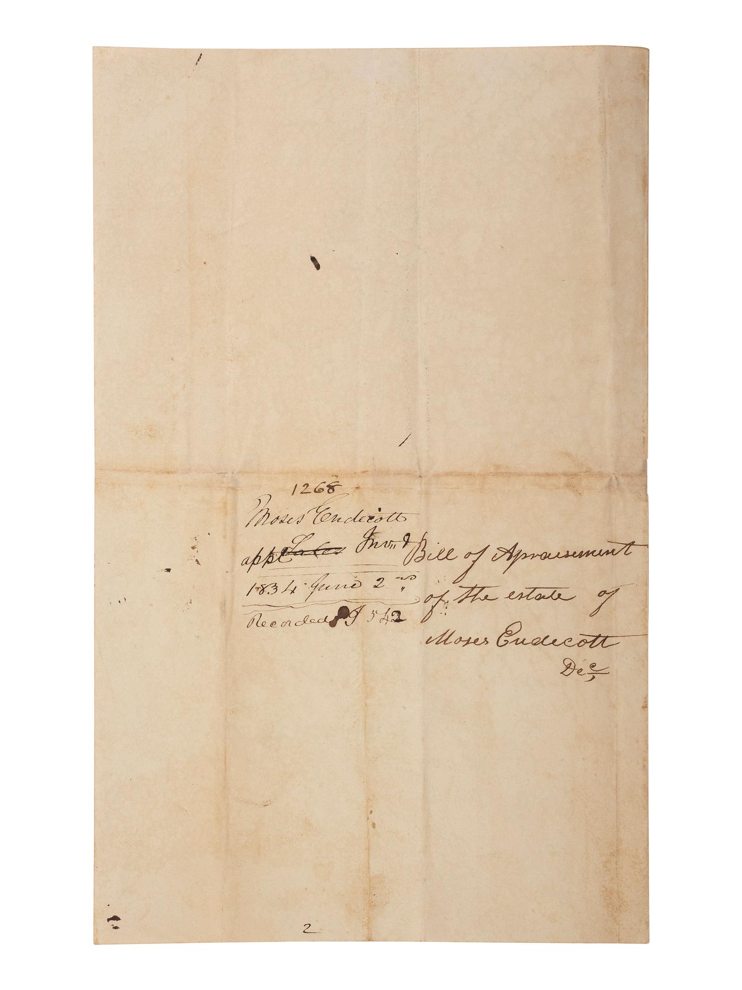 [ENSLAVEMENT & ABOLITION]. Bill of appraisement of the estate of Revolutionary War soldier Moses Endicott, listing two enslaved persons. Bourbon County, KY, 19 May 1834.