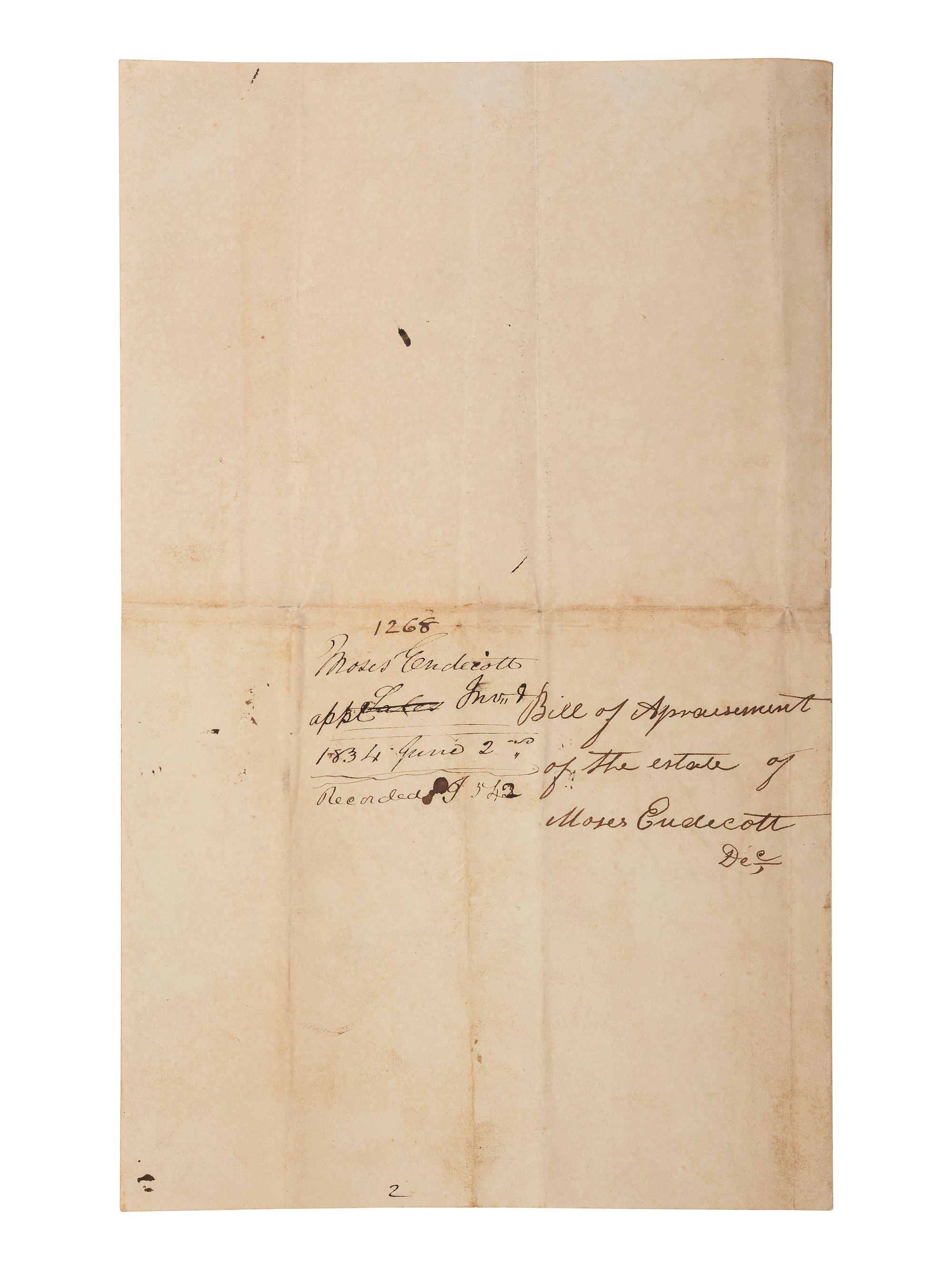 [ENSLAVEMENT & ABOLITION]. Bill of appraisement of the estate of Revolutionary War soldier Moses Endicott, listing two enslaved persons. Bourbon County, KY, 19 May 1834.