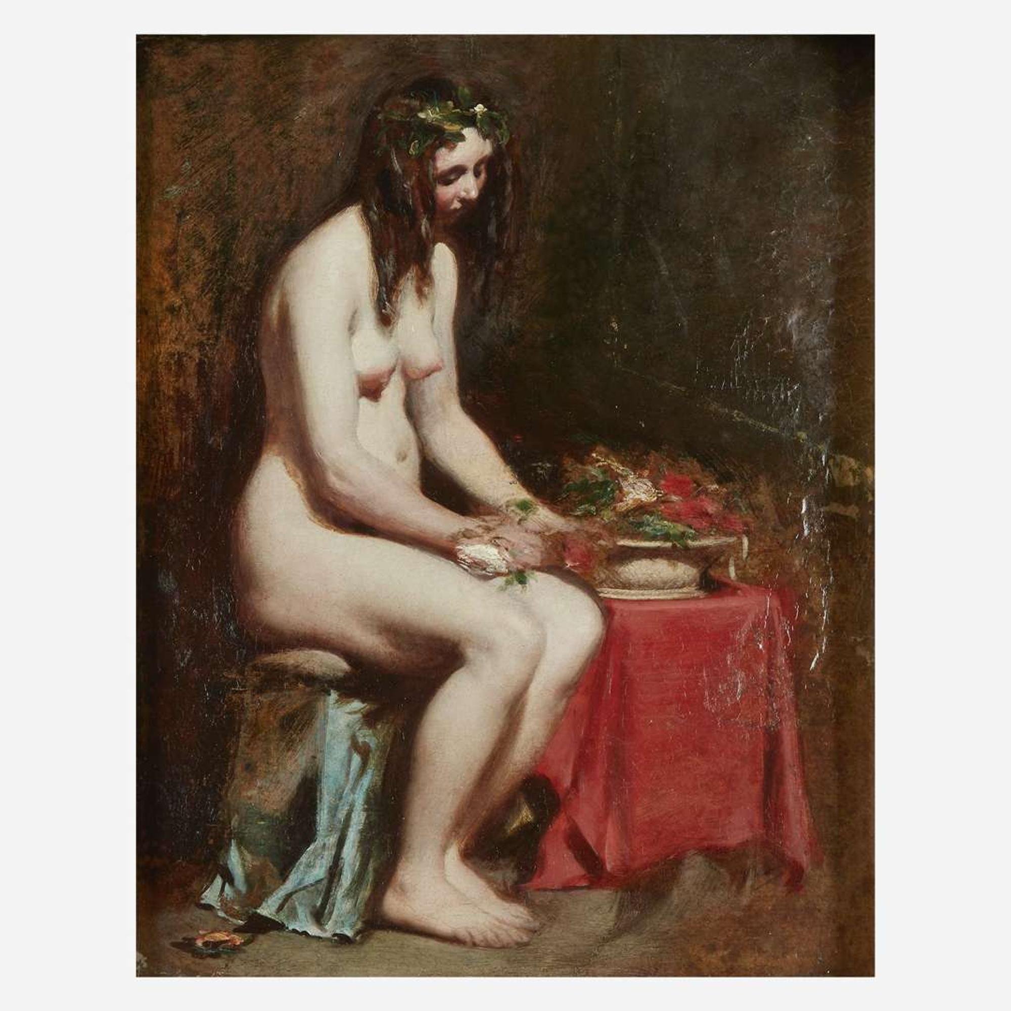 William Etty (British, 1787–1849) Seated Female Nude with Flowers in her Hair and a Still-Life by her Side