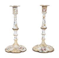 A Pair of Battersea Enameled Candlesticks