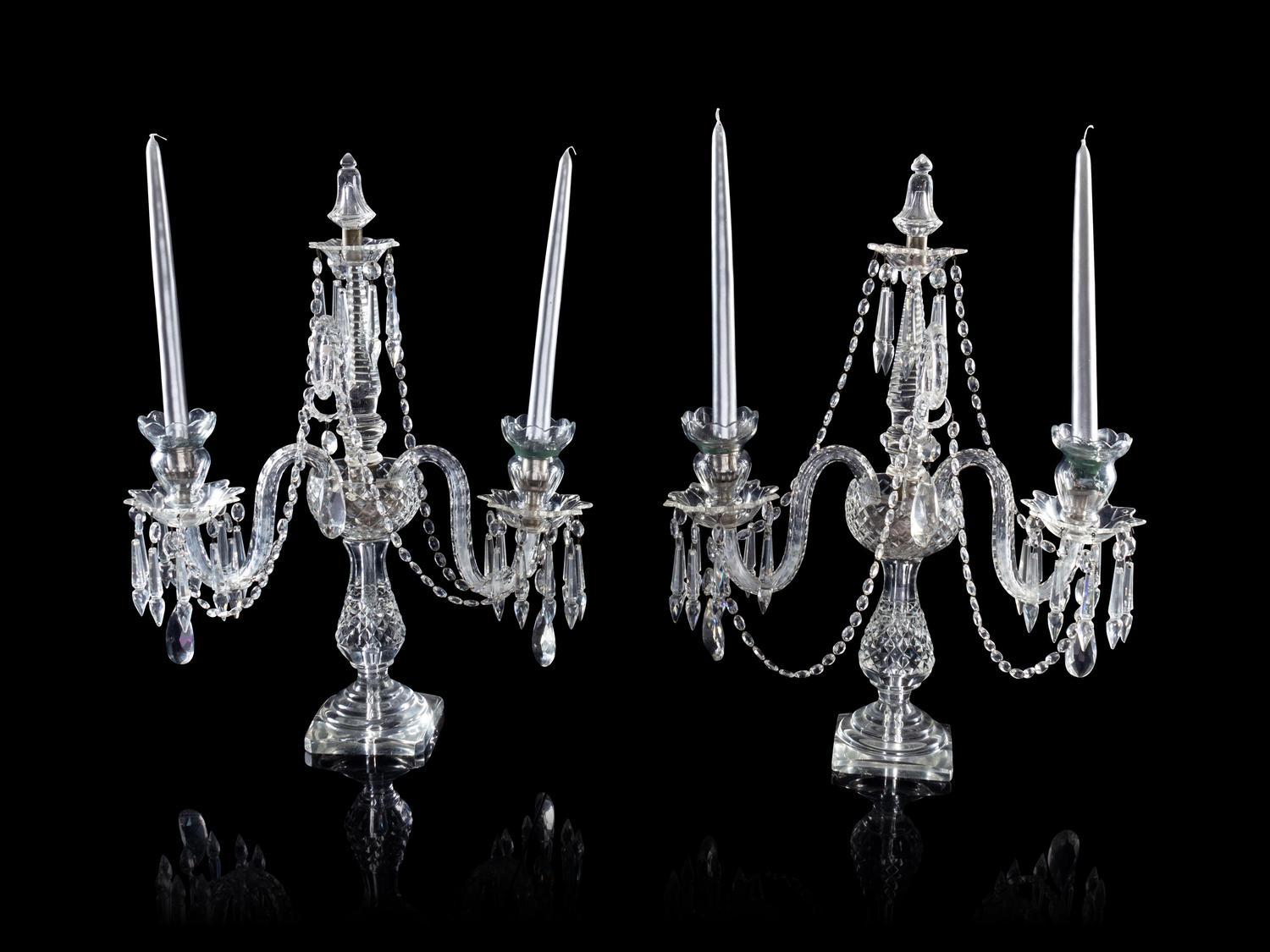 A Pair of Edwardian Cut-Glass Two-Light Candelabra