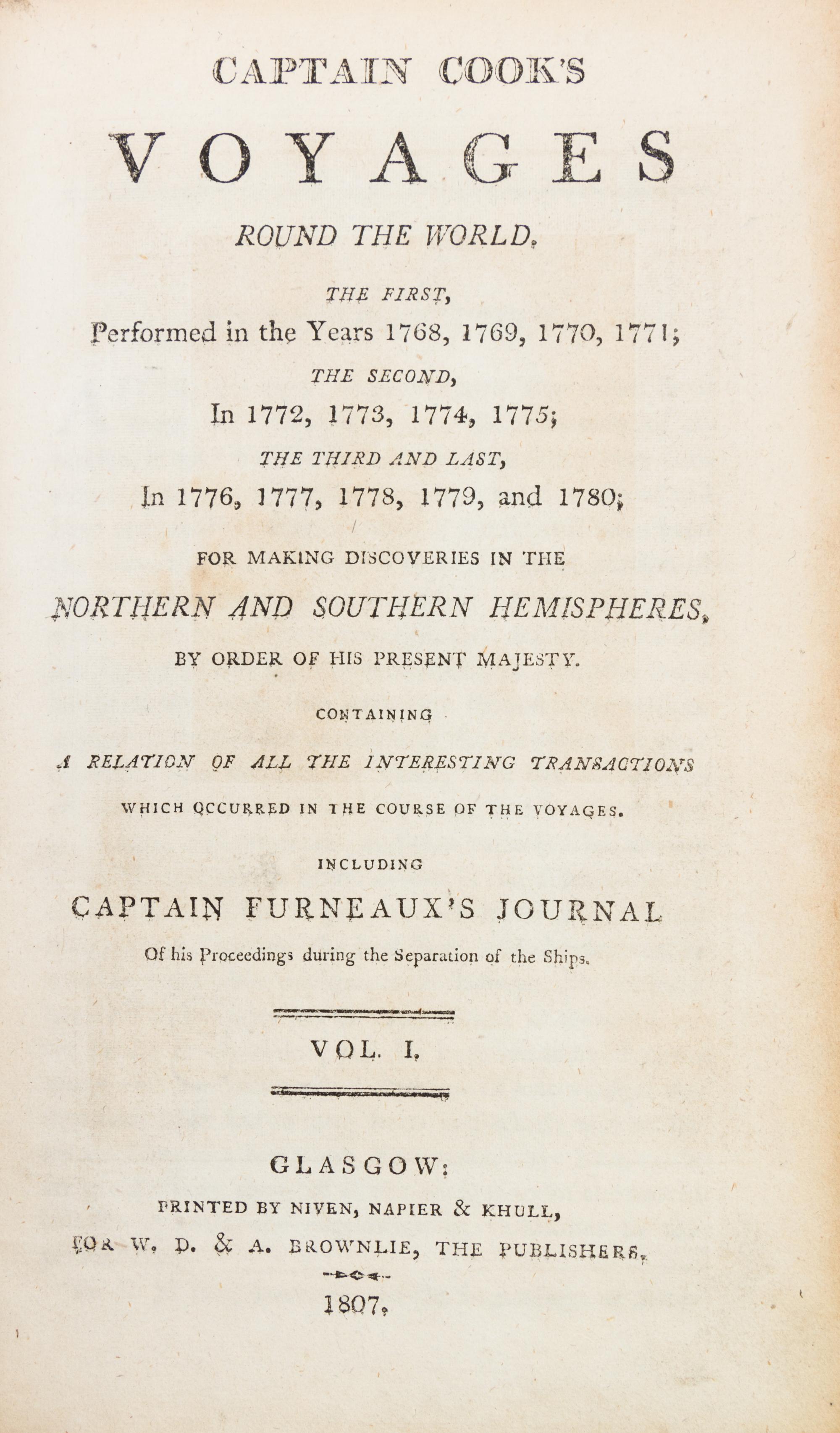 COOK, CAPTAIN JAMES. Captain Cook's Voyages Around the World. Glasgow, 1807. 2 (of 3) vols.