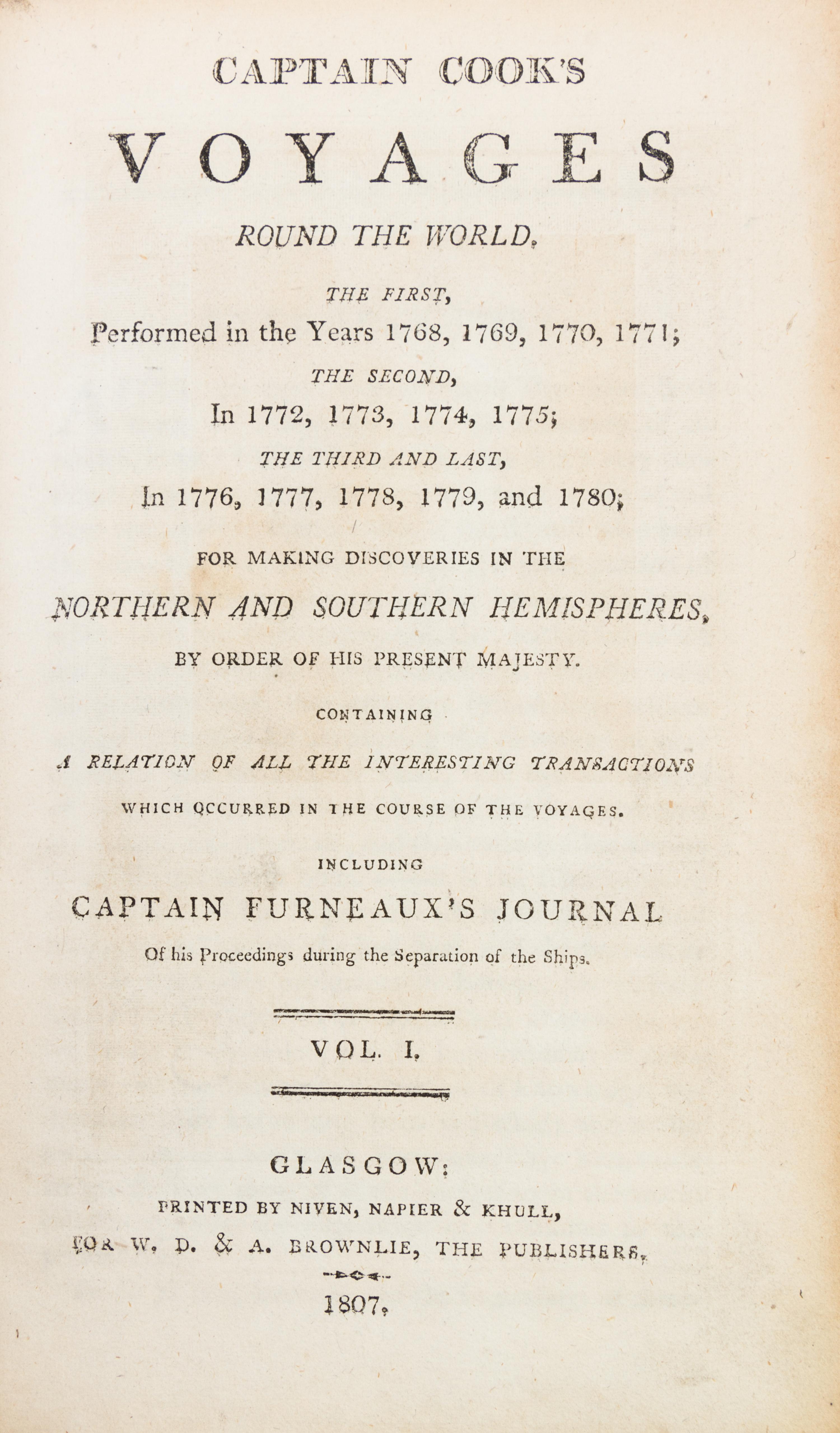 COOK, CAPTAIN JAMES. Captain Cook's Voyages Around the World. Glasgow, 1807. 2 (of 3) vols.