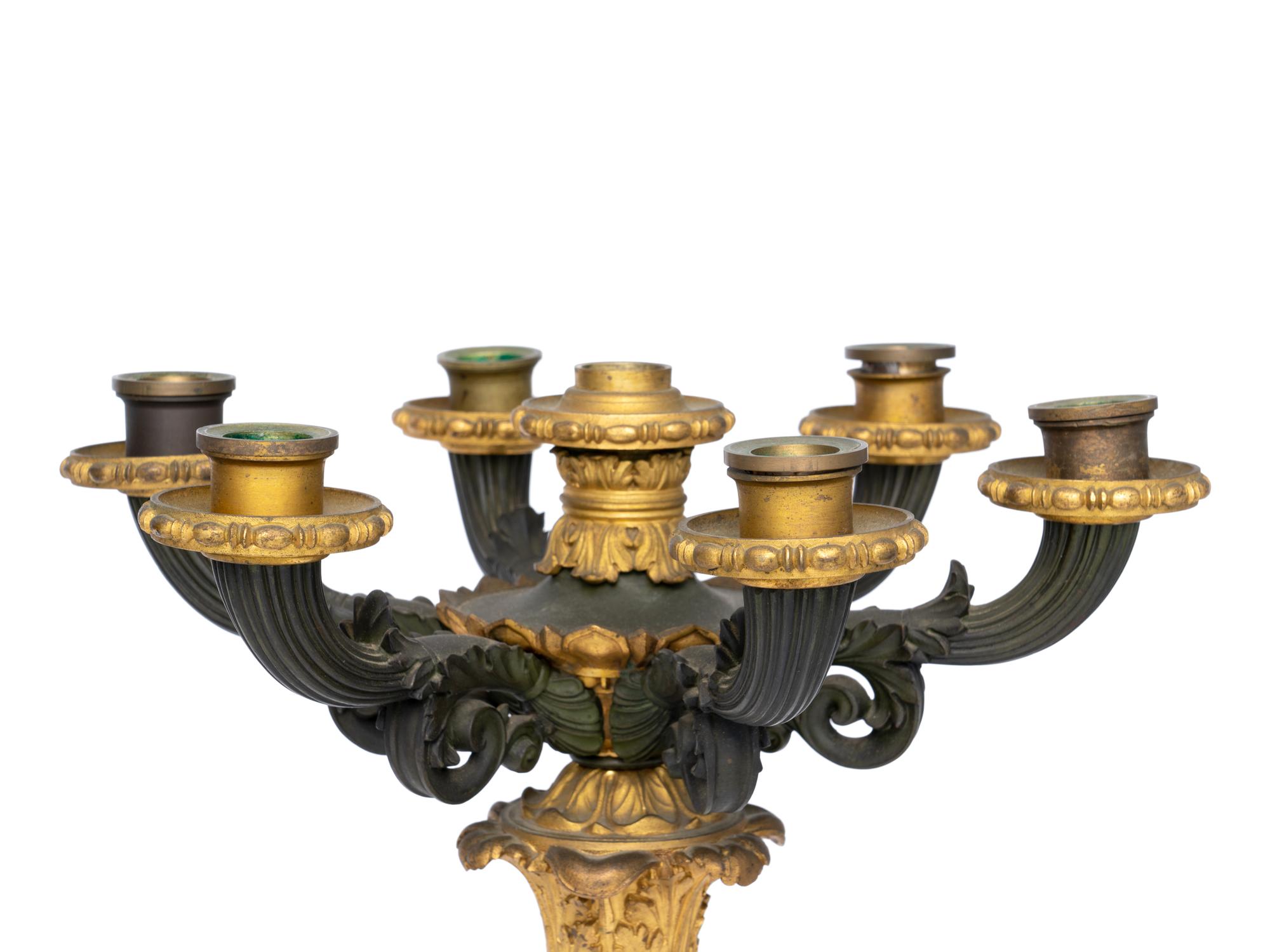 A Pair of French Gilt and Patinated Bronze and Marble Seven-Light Candelabra