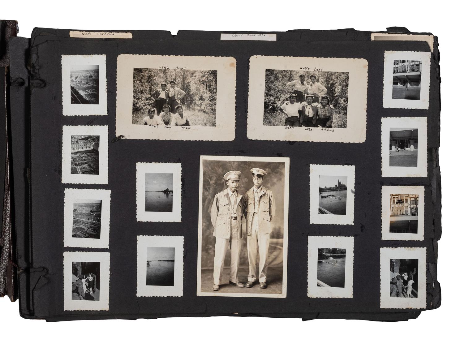 [WORLD WAR II]. Photo album and insignia belonging to an African American soldier.