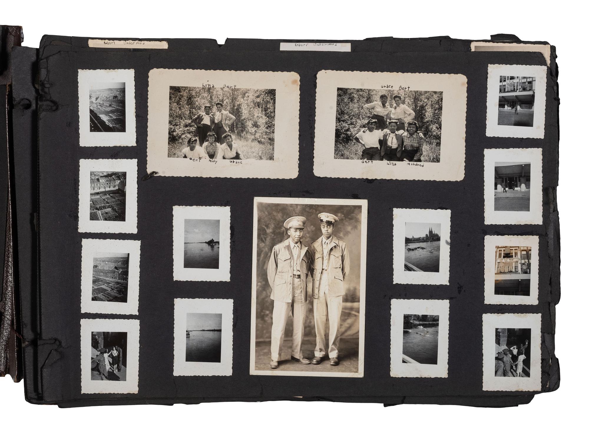 [WORLD WAR II]. Photo album and insignia belonging to an African American soldier.