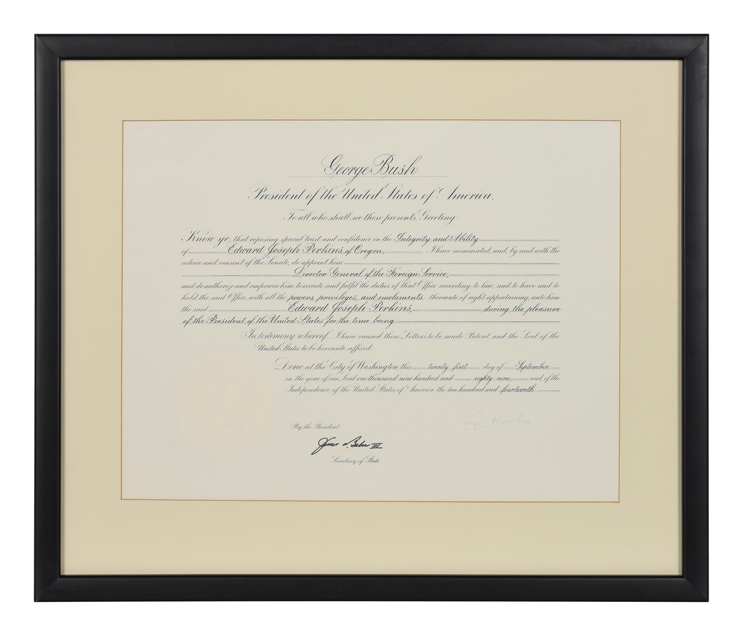 [POLITICS]. [PERKINS, Edward Joseph (1928-2020)]. A group of 9 appointments by Presidents Reagan, Bush, Clinton, and Bush to Perkins, presumably with secretarial or facsimile signatures, including: