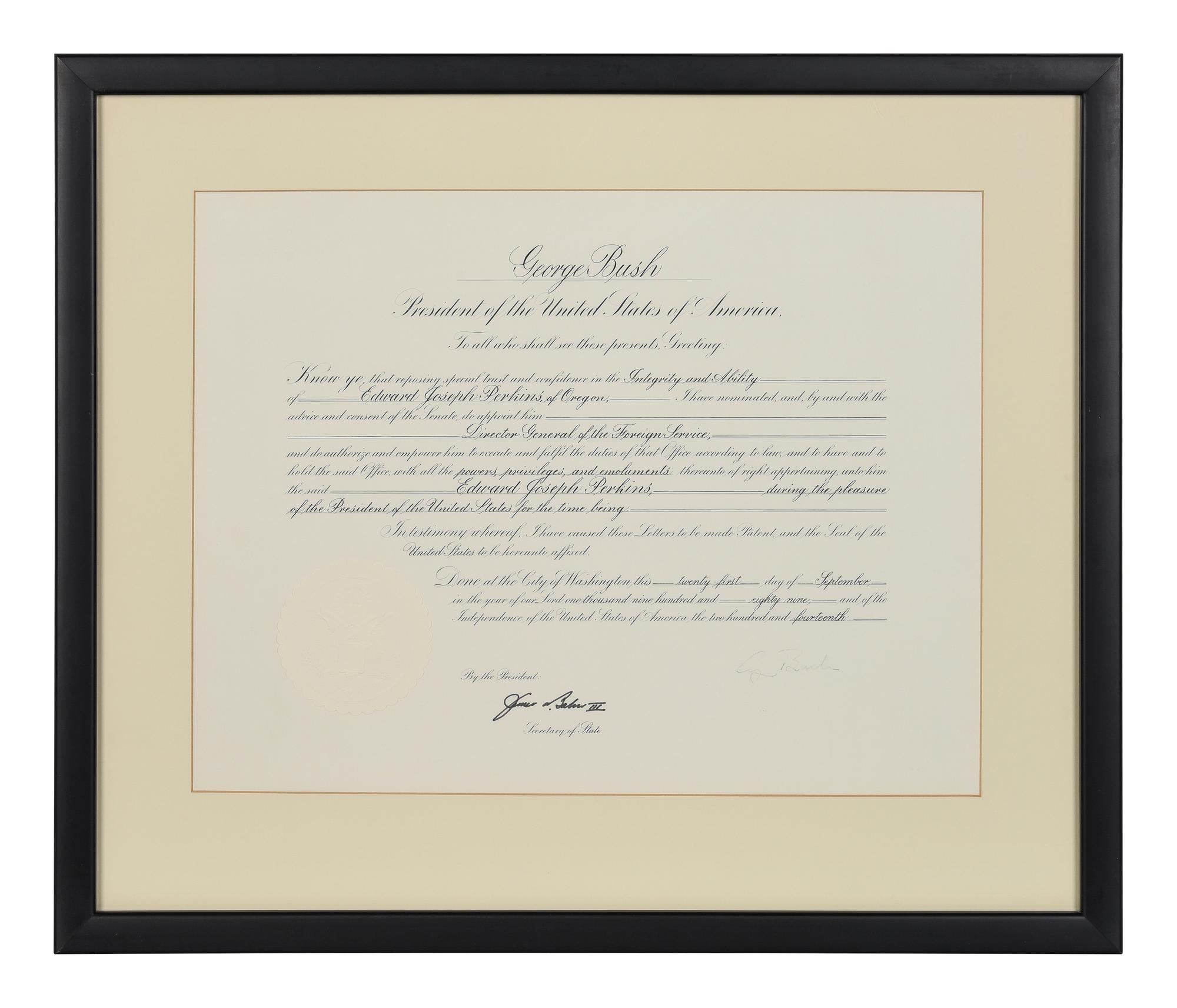 [POLITICS]. [PERKINS, Edward Joseph (1928-2020)]. A group of 9 appointments by Presidents Reagan, Bush, Clinton, and Bush to Perkins, presumably with secretarial or facsimile signatures, including: