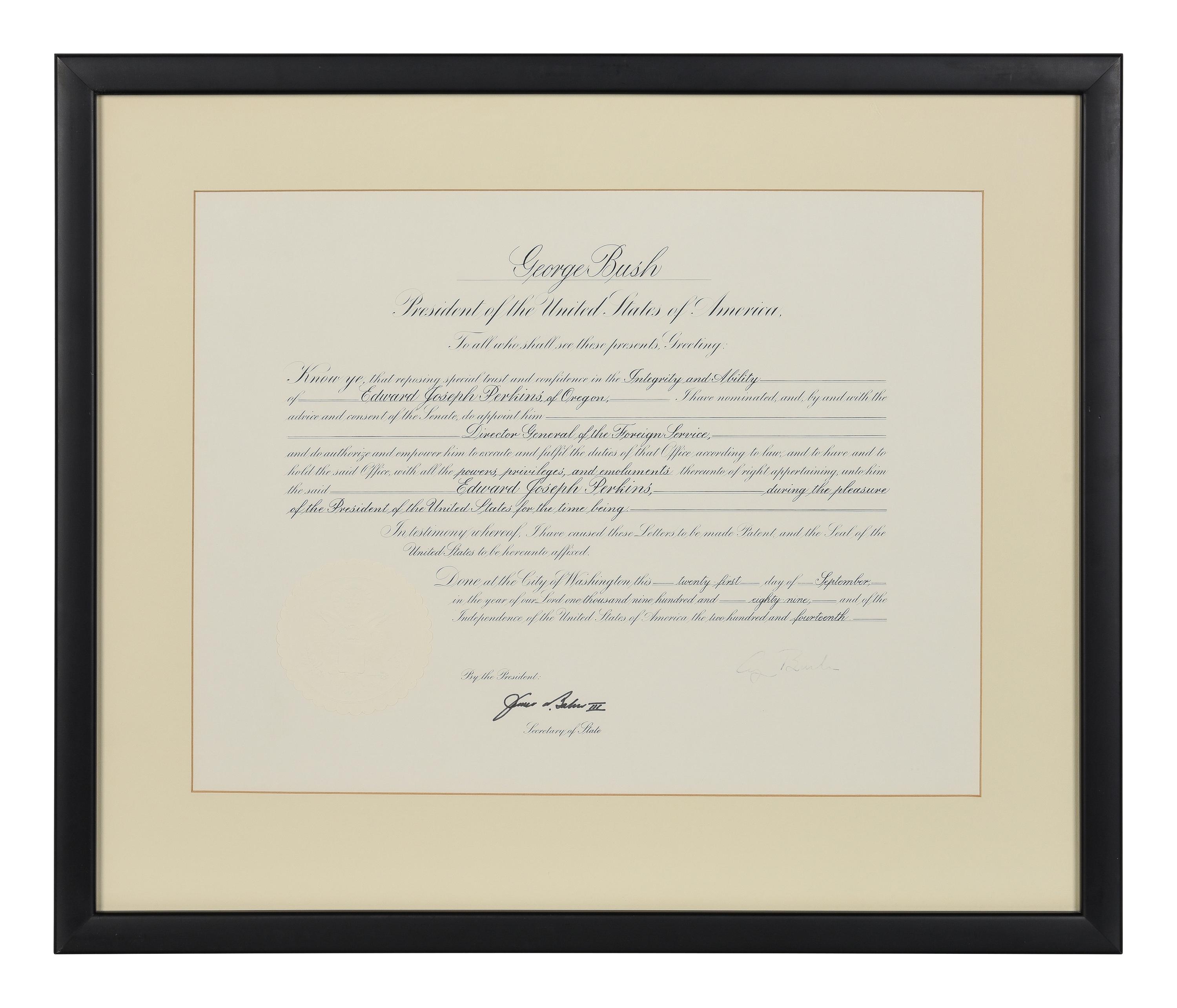 [POLITICS]. [PERKINS, Edward Joseph (1928-2020)]. A group of 9 appointments by Presidents Reagan, Bush, Clinton, and Bush to Perkins, presumably with secretarial or facsimile signatures, including: