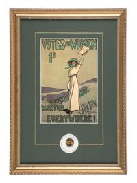 [WOMEN'S SUFFRAGE]. A collection of items belonging to women's rights activist Mariwyn Heath, incl. "Votes for Women" pennant, Veteran Feminists Medal of Honor, pinbacks, buttons, & pewter figures.