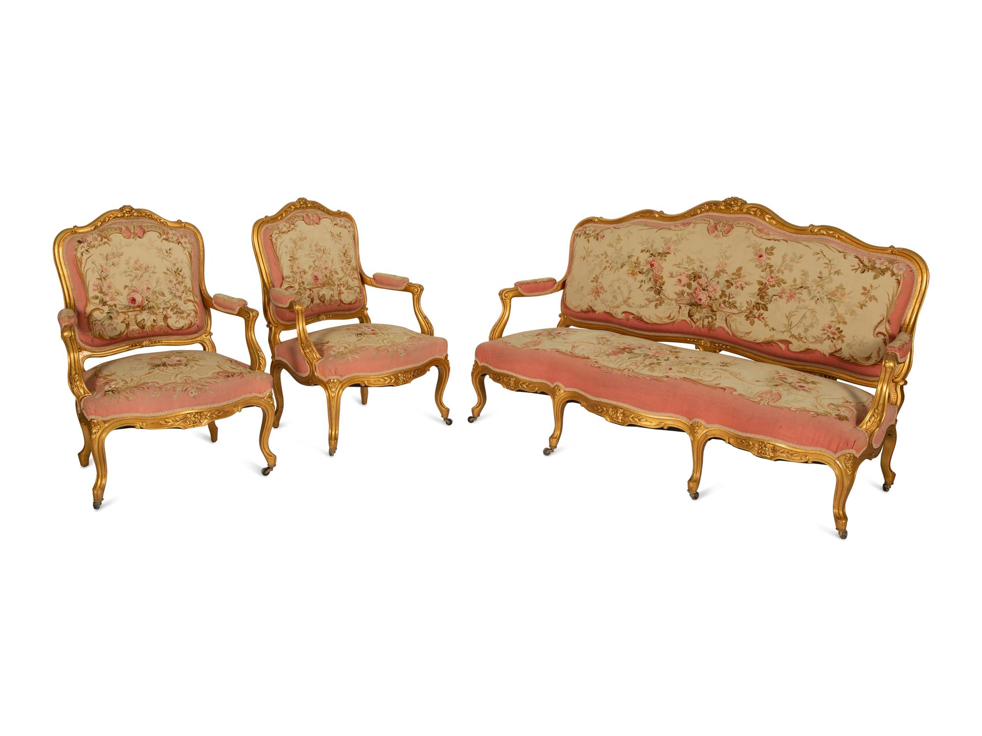 A Louis XV Style Three-Piece Carved Giltwood Salon Suite