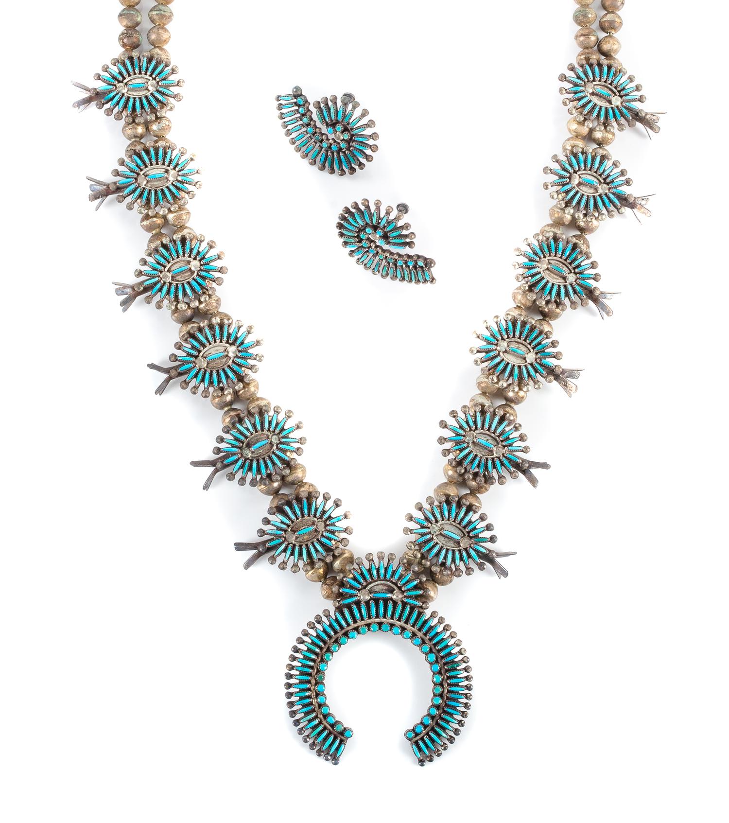Zuni Silver and Turquoise Needlepoint Squash Blossom Necklace and Earrings Length 24 inches