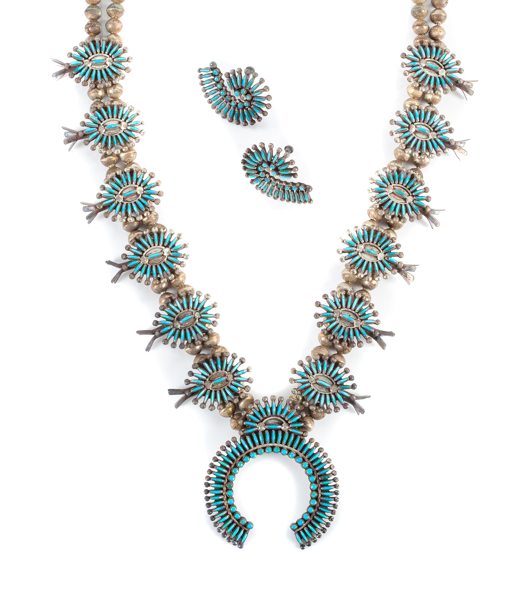 Zuni Silver and Turquoise Needlepoint Squash Blossom Necklace and Earrings Length 24 inches