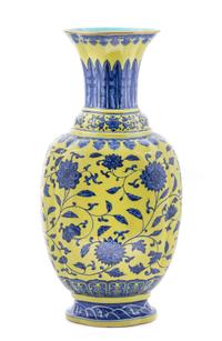 A Yellow and Underglazed Blue Porcelain Vase Height 19 inches.