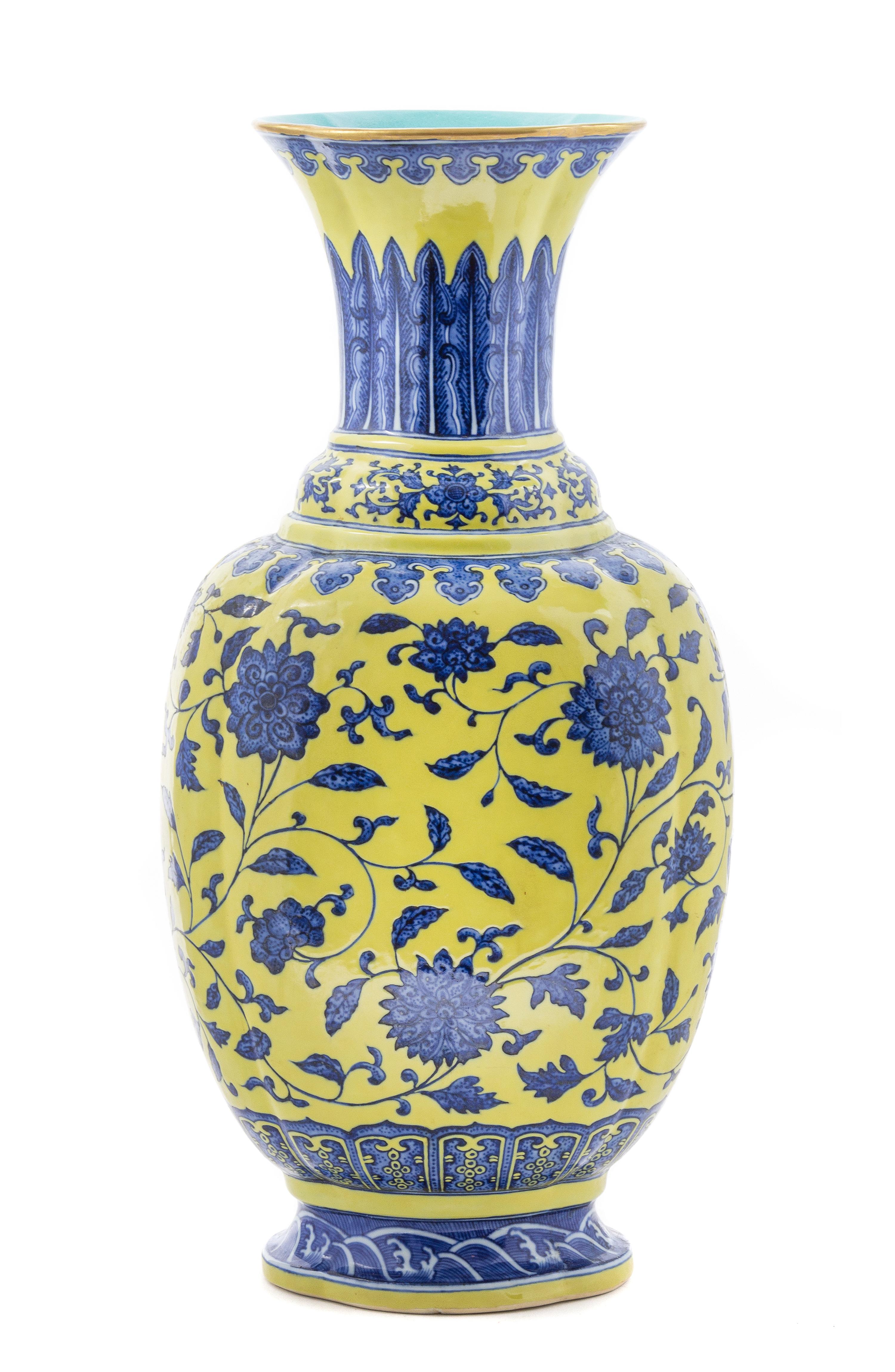 A Yellow and Underglazed Blue Porcelain Vase Height 19 inches.
