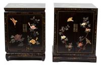 Two Black Lacquered and Hardstone Chinese Cabinets Height of largest cabinet 26 1/4 x width 20 x depth 18 inches. — 20TH CENTURY