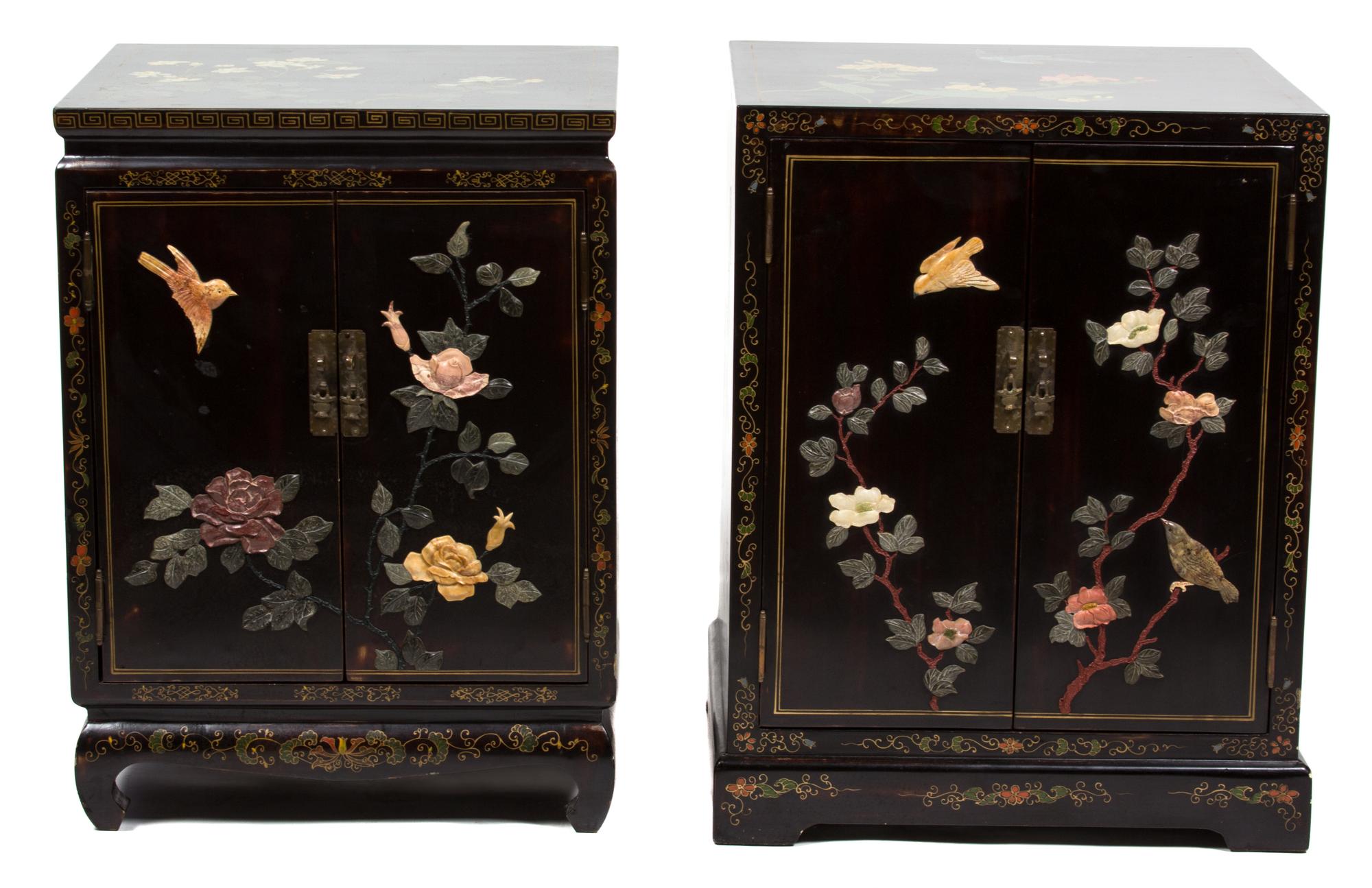 Two Black Lacquered and Hardstone Chinese Cabinets Height of largest cabinet 26 1/4 x width 20 x depth 18 inches. — 20TH CENTURY