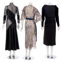 Three Dresses, Two Black, One Floral Print, 1930s-50s