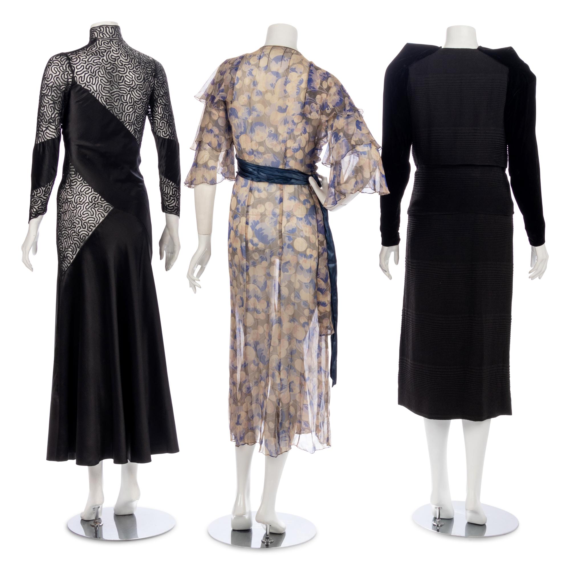 Three Dresses, Two Black, One Floral Print, 1930s-50s