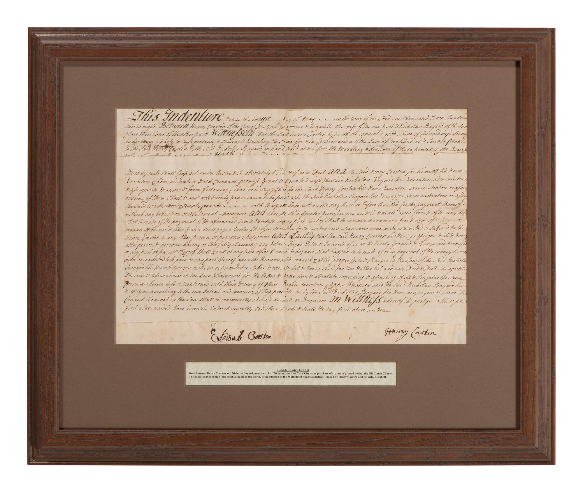 [NEW YORK]. Colonial-era manuscript indentures for property near Wall Street, 1694-1743.