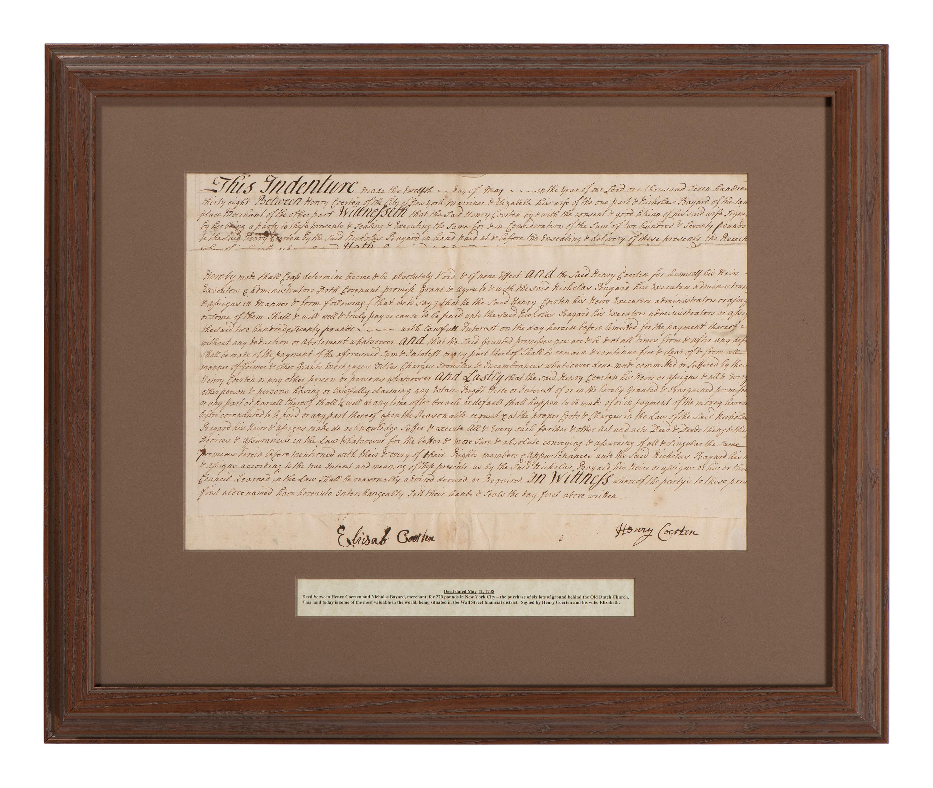 [NEW YORK]. Colonial-era manuscript indentures for property near Wall Street, 1694-1743.