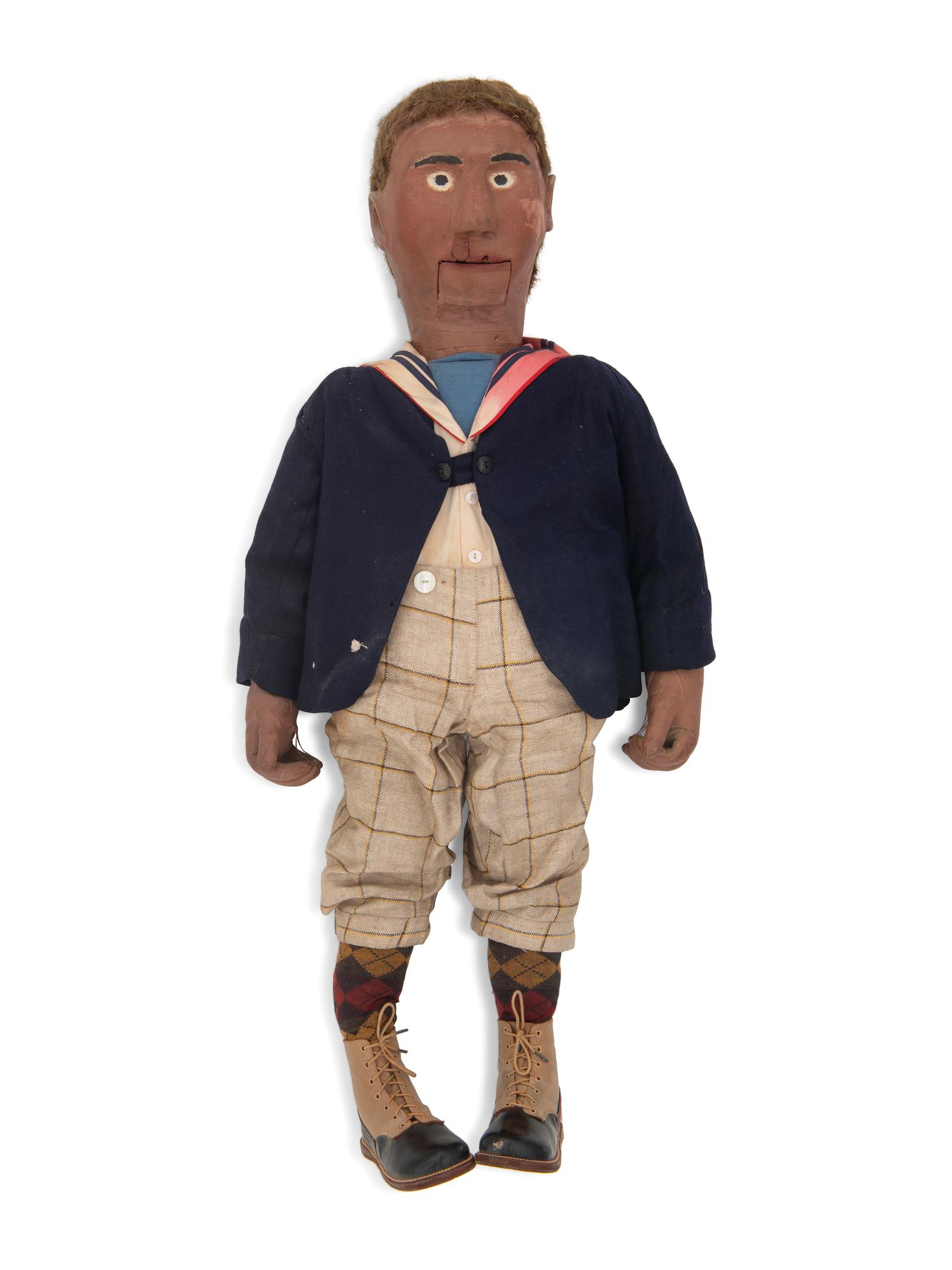Three Vaudeville Carved and Painted Wood, Leather and Cotton Ventriloquist Dolls