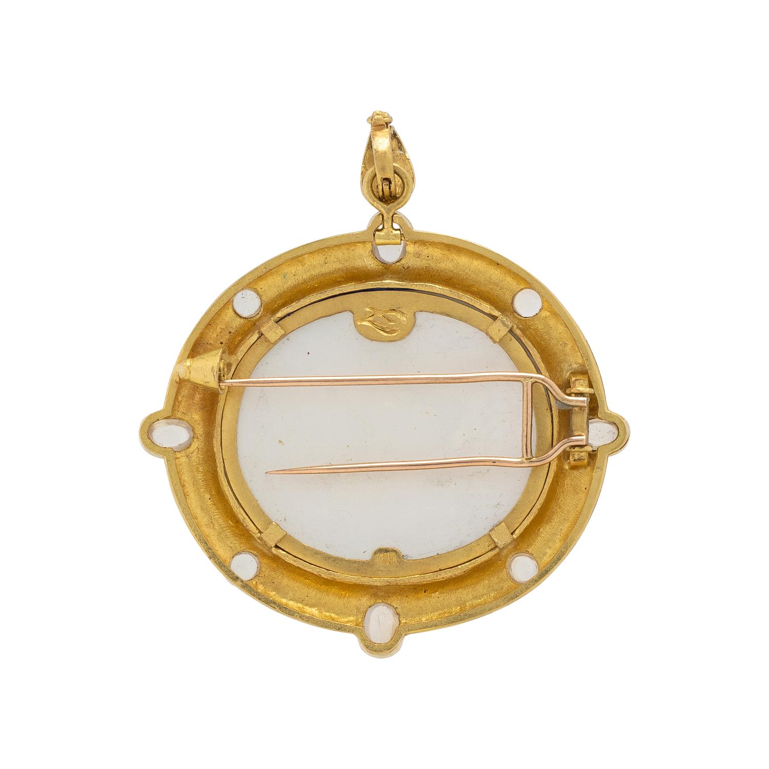 ELIZABETH LOCKE, BLUE VENETIAN GLASS, MOTHER-OF-PEARL, MOONSTONE, AND YELLOW GOLD INTAGLIO BROOCH PENDANT