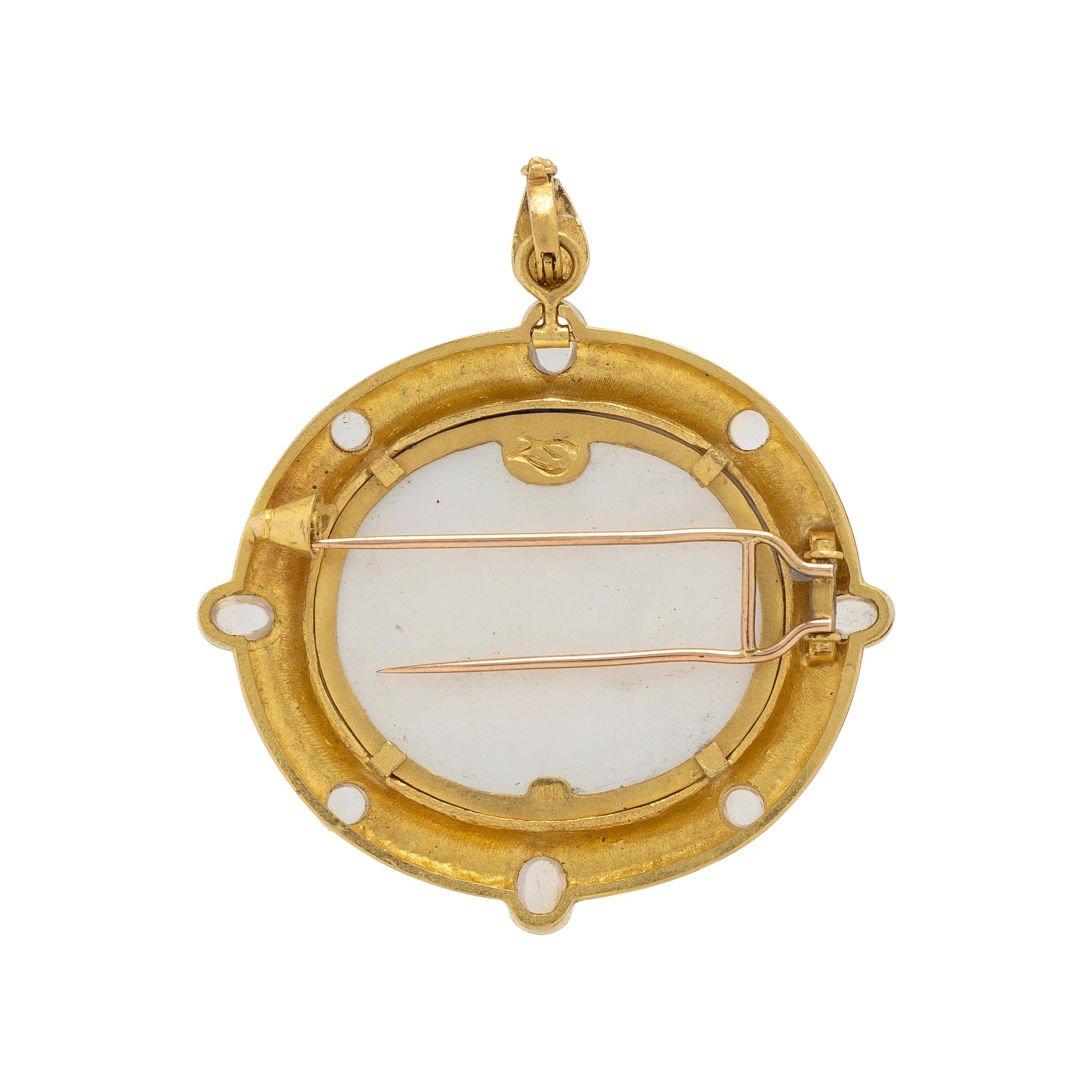 ELIZABETH LOCKE, BLUE VENETIAN GLASS, MOTHER-OF-PEARL, MOONSTONE, AND YELLOW GOLD INTAGLIO BROOCH PENDANT