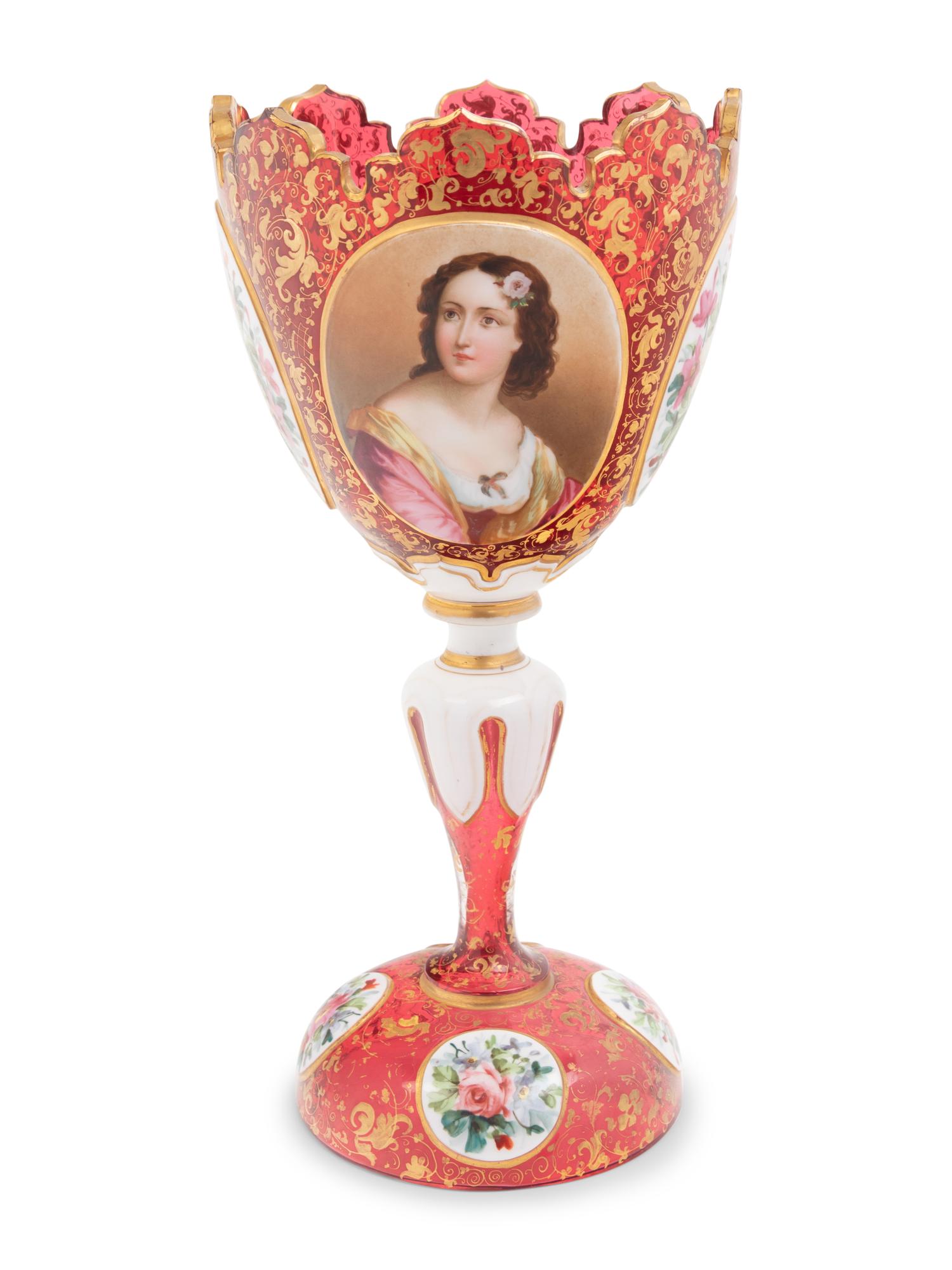 A Bohemian Gilt and Enameled Ruby Glass Goblet