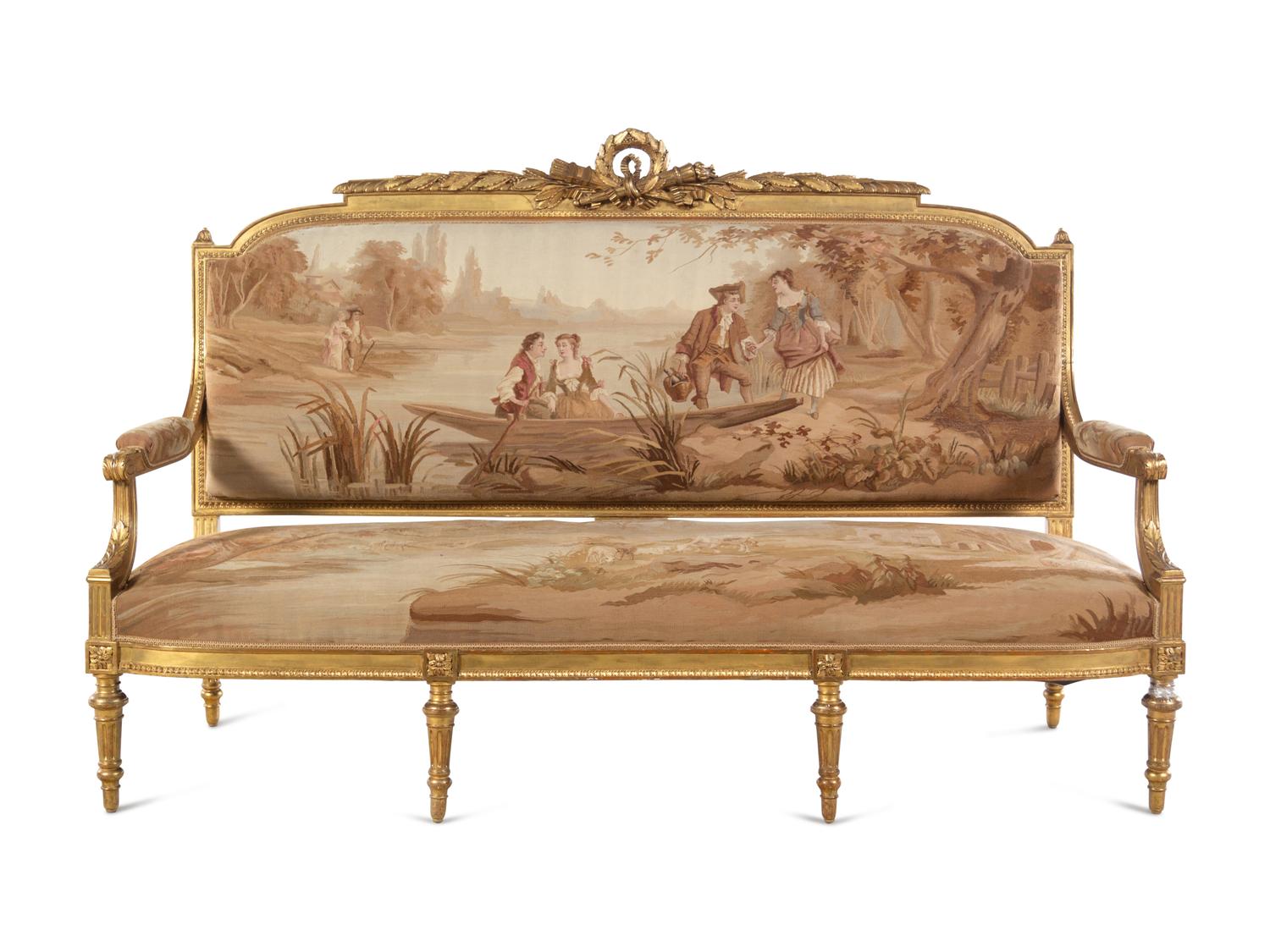 A Louis XVI Style Giltwood Seven-Piece Seating Suite with Aubusson Tapestry Upholstery