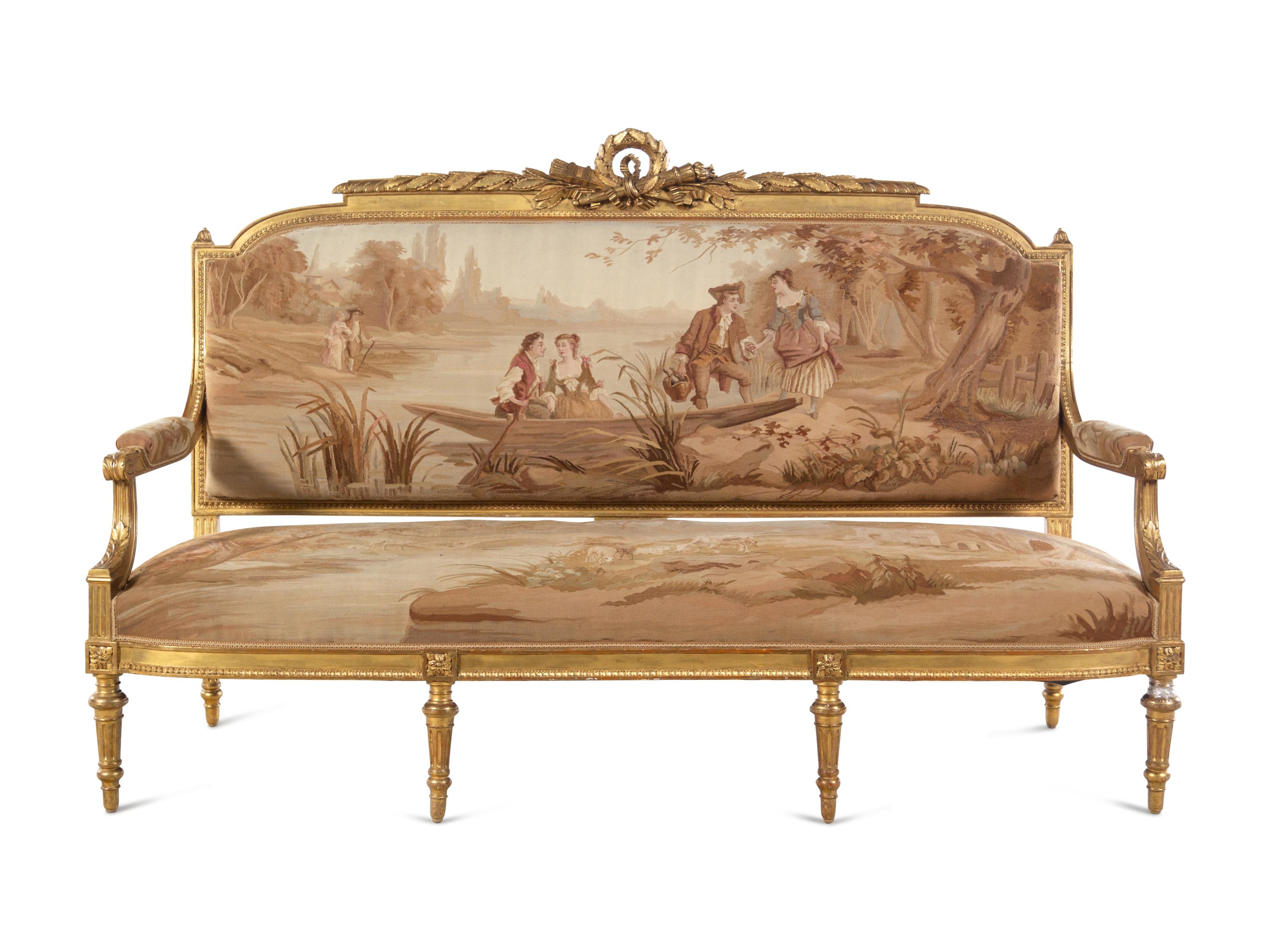 A Louis XVI Style Giltwood Seven-Piece Seating Suite with Aubusson Tapestry Upholstery
