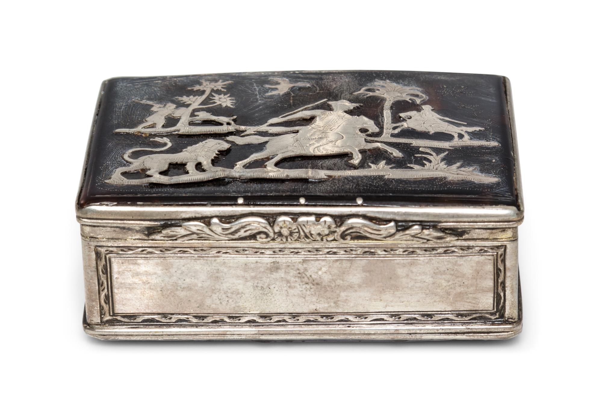 A Dutch Tortoise Shell and Silver Box, Van Kempen, Utrecht, 18th/19th Century, of rectangular form, the lid decorated with a hunt scene