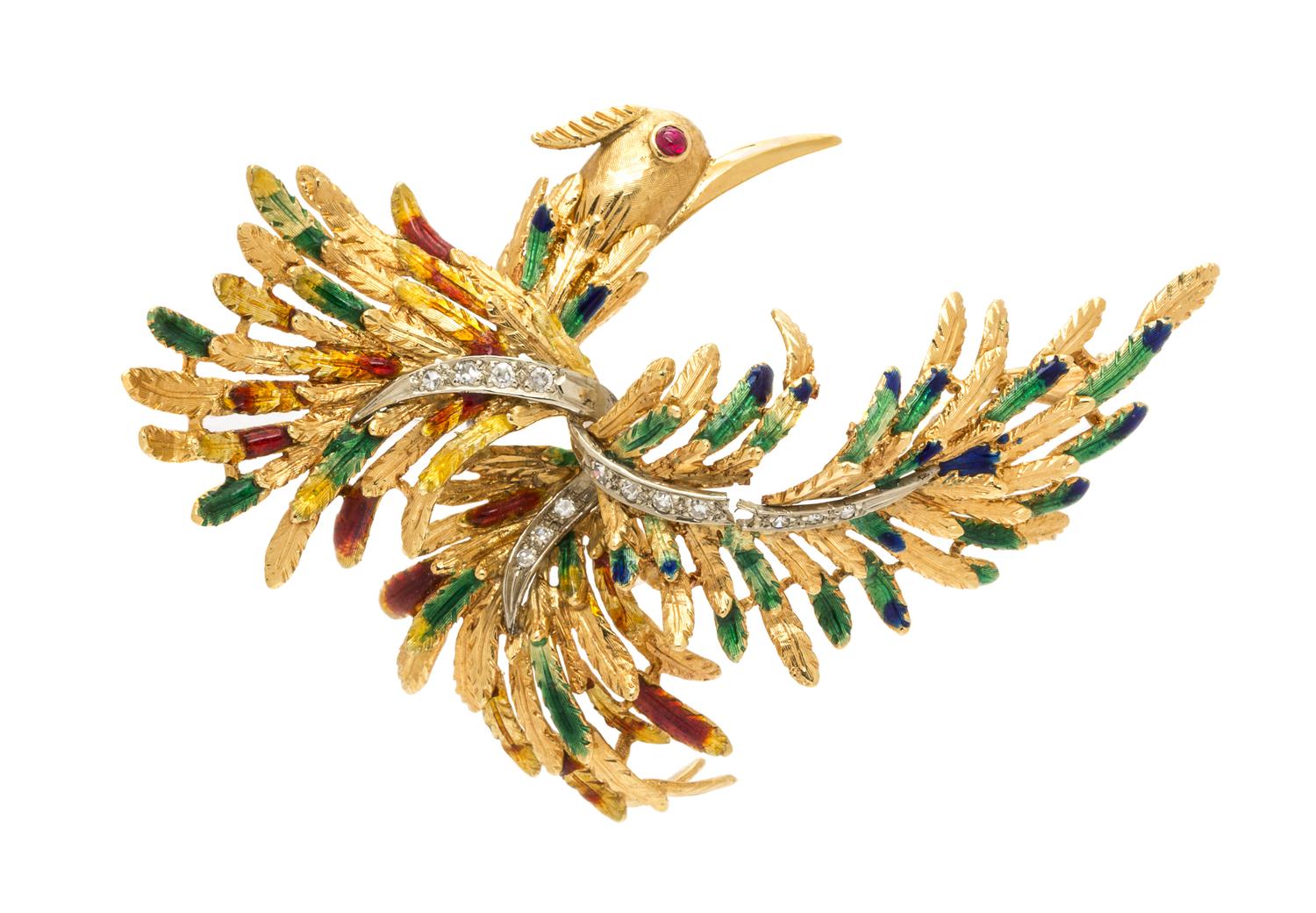 An 18 Karat Yellow Gold, Polychrome Enamel, Ruby and Diamond Brooch, 11.40 dwts.