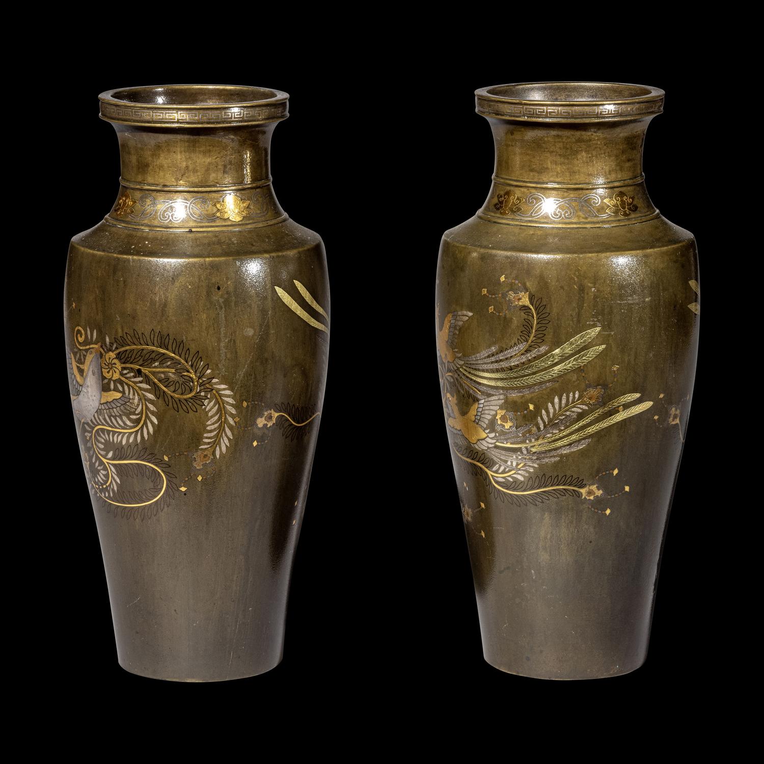 A Pair of Japanese Mixed Metal Vases