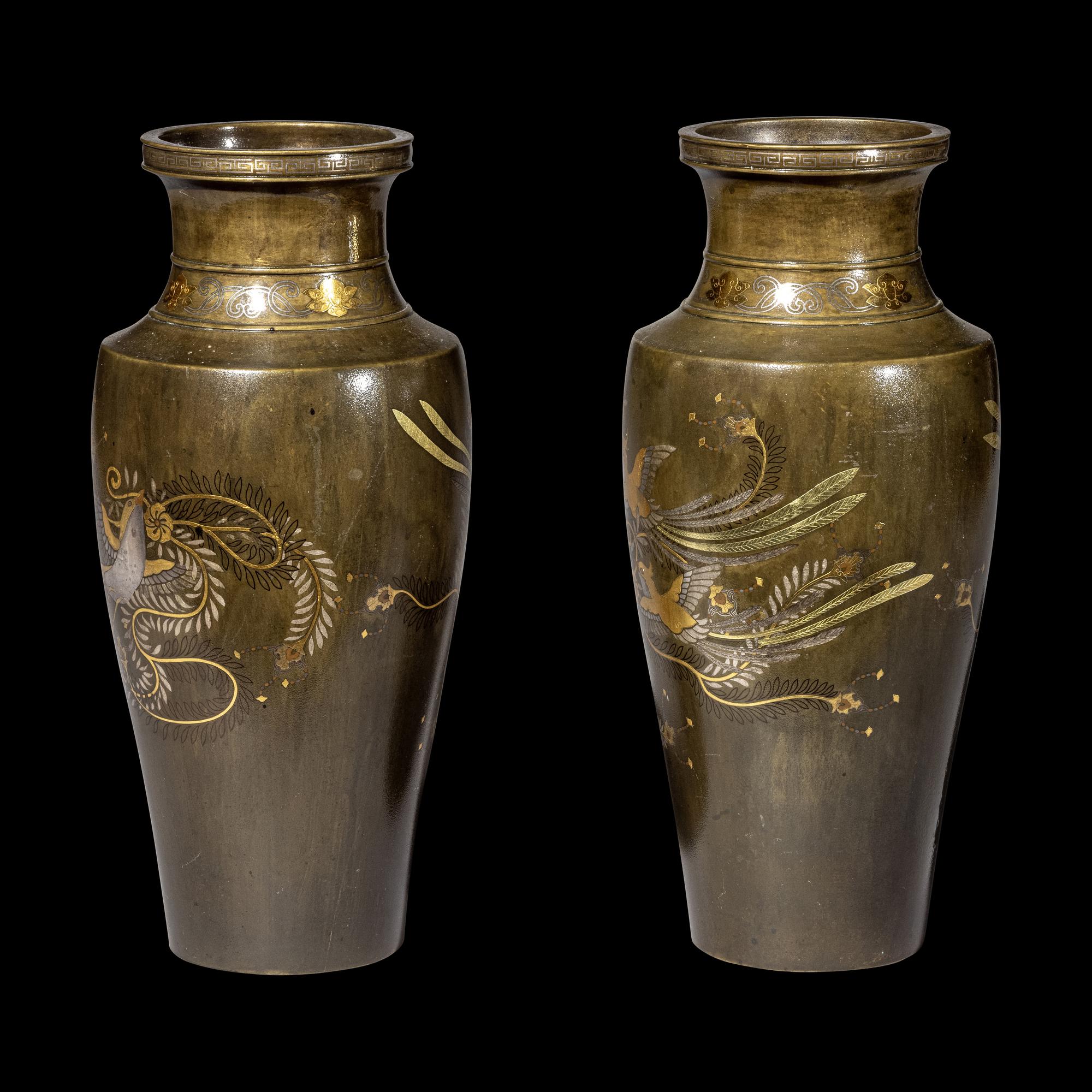 A Pair of Japanese Mixed Metal Vases