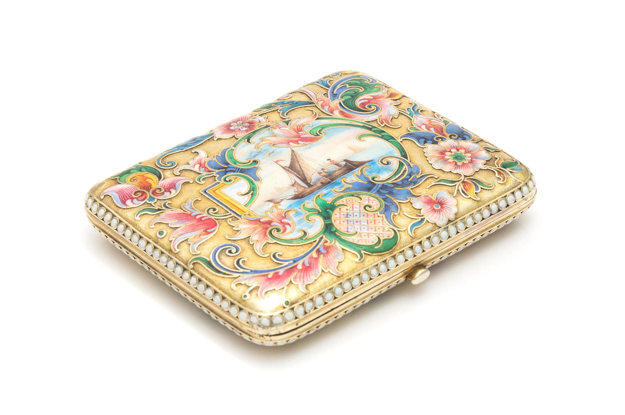 A Russian Silver-Gilt and Enameled Cigarette Case, Mark of Vasily Andreyev, Assay of Ivan Lebedkin, Moscow, Late 19th/Early 20th Centur