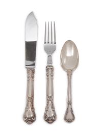 Chantilly pattern, comprising: 5 dinner knives with stainless steel blades 5 dinner forks 6 salad forks 18 teaspoons 2 soup spoons 6 butter spreaders with stainless steel blades 6 demitasse spoons 6 fish forks with stainless steel tines 3 fish knives with stainless steel blades 1 lemon fork 1 serving fork 5 tablespoons 64 items total.