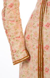 Printed Cotton and Lace Day Dress Trimmed with Velvet Ribbon, 1900