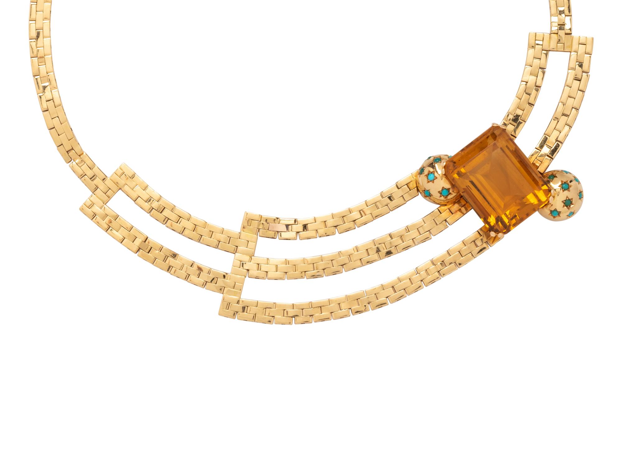 RETRO, YELLOW GOLD, CITRINE AND TURQUOISE NECKLACE