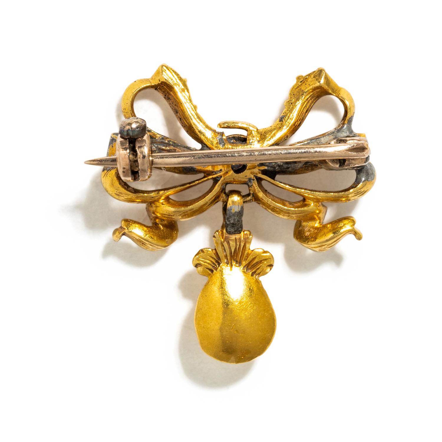 ANTIQUE, YELLOW GOLD AND DIAMOND BOW BROOCH