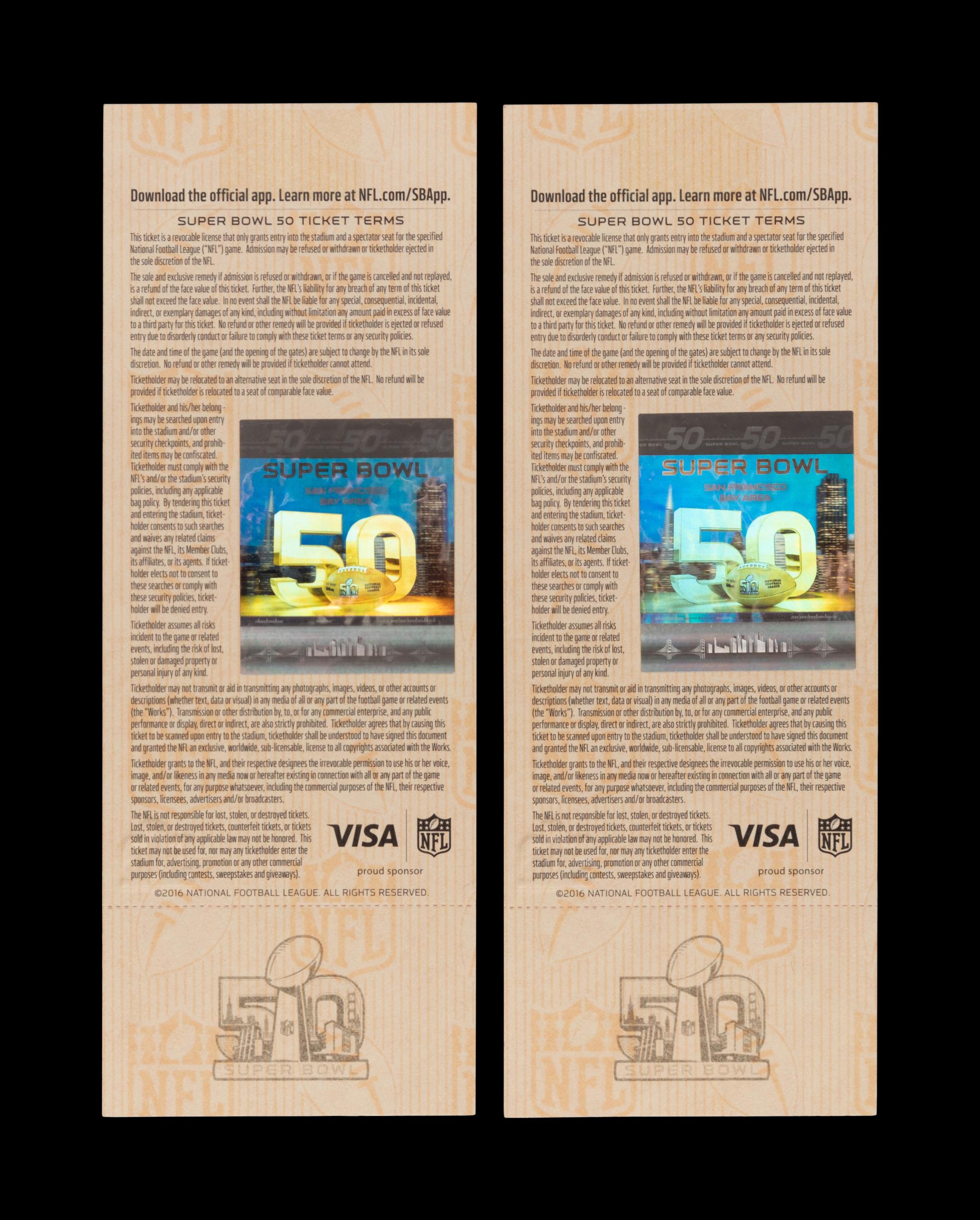 A Group of Two Peyton Manning Signed Autograph Super Bowl 50 Full Tickets,